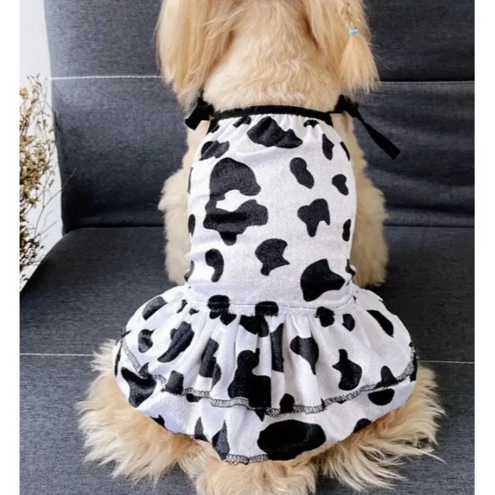 Cow Graphic Dog Pet Cat Dress With Ruffled Trim and Tie Up Strings For Easy Dres